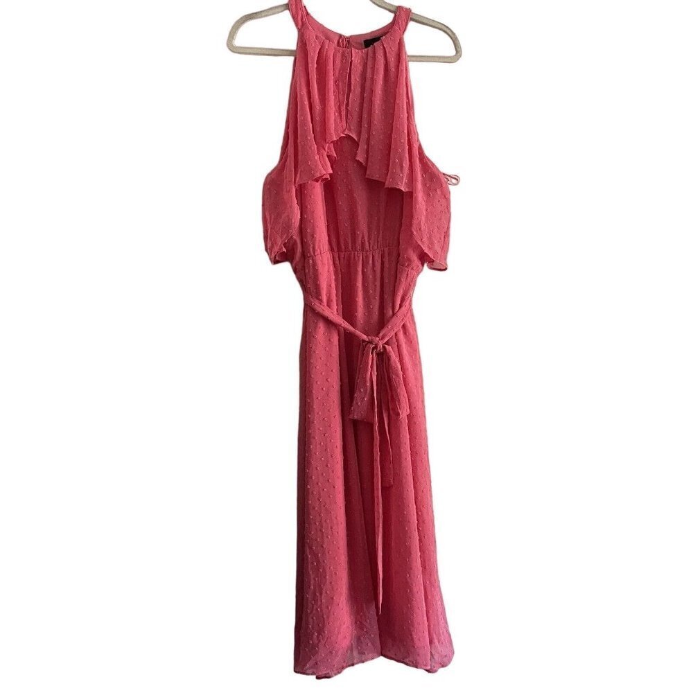 Maia Women Plus SZ 18 Pink Sleeveless Halter Swiss Dot Belted Midi Dress NWT